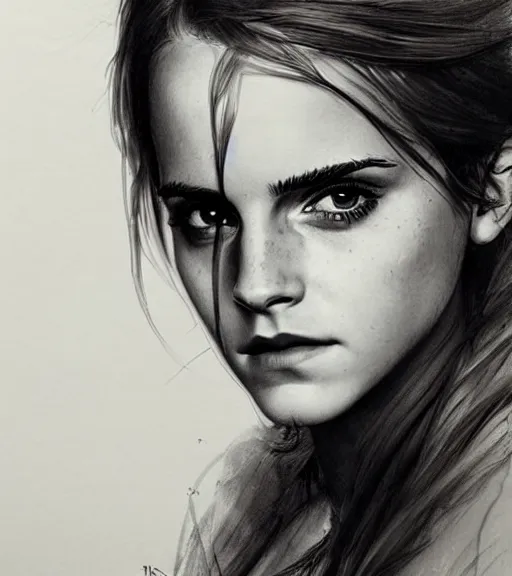 Image similar to emma watson, beautiful piercing eyes, realistic face, black and white drawing, in the style of greg rutkowski, fantasy, amazing detail, epic, intricate, elegant, smooth, sharp focus