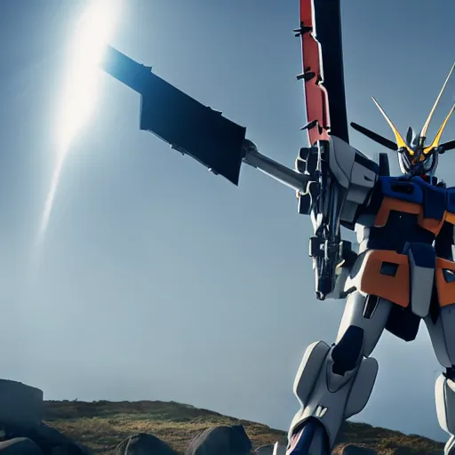 Image similar to gundam as dutch windmill in gundam anime, gundam is windmill shaped, dutch windmill gundam, in gears of war, splash art, movie still, cinematic lighting, ray tracing, octane render, long lens, shallow depth of field, bokeh, anamorphic lens flare, 8 k, hyper detailed, 3 5 mm film grain