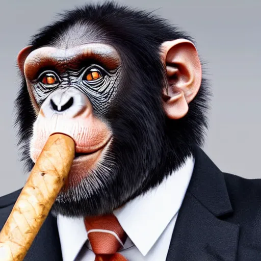 Image similar to a high detail closeup shot of a chimp wearing a suit and smoking a cigar