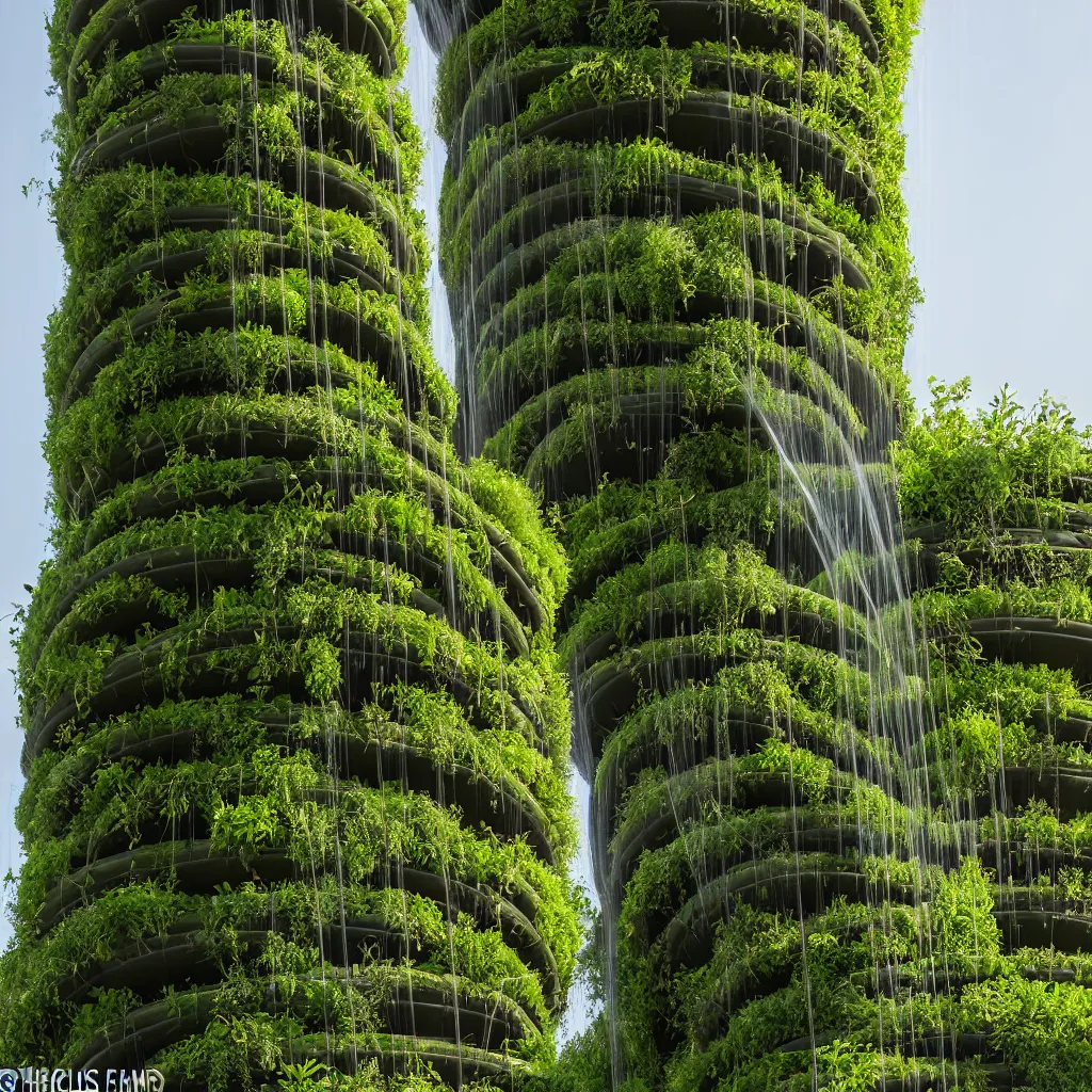 Prompt: torus shaped electrostatic water condensation collector tower, irrigation system in the background, vertical gardens, in the middle of the desert, XF IQ4, 150MP, 50mm, F1.4, ISO 200, 1/160s, natural light