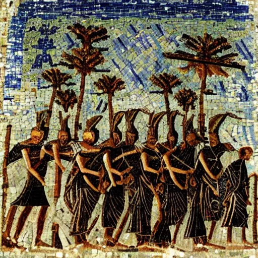 Prompt: A beautiful photograph of a coffin being carried by six men through an ethereal, otherworldly landscape. The coffin is adorned with a relief of a skull and crossbones, and the men are all wearing hooded cloaks. The landscape is eerie and foreboding, with jagged rocks and eerie, glowing plants. in Ancient Egypt, roman mosaic by Francesca Woodman, by Malcolm Liepke, by Mark Lague elaborate