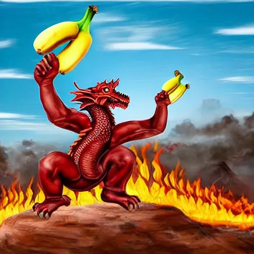 Image similar to Chinese president with bananas in hand in epic stance fighting dragon on flaming mountain, bananas weapon, painting, epic