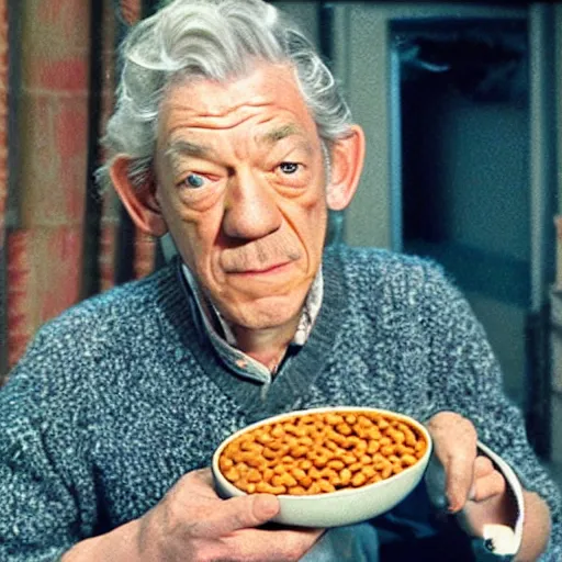 Image similar to film still of ian mckellen covered in baked beans