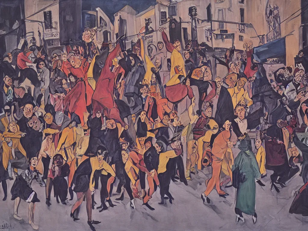 Image similar to feminist revolution, lisbon city at night, art in the style of paula rego