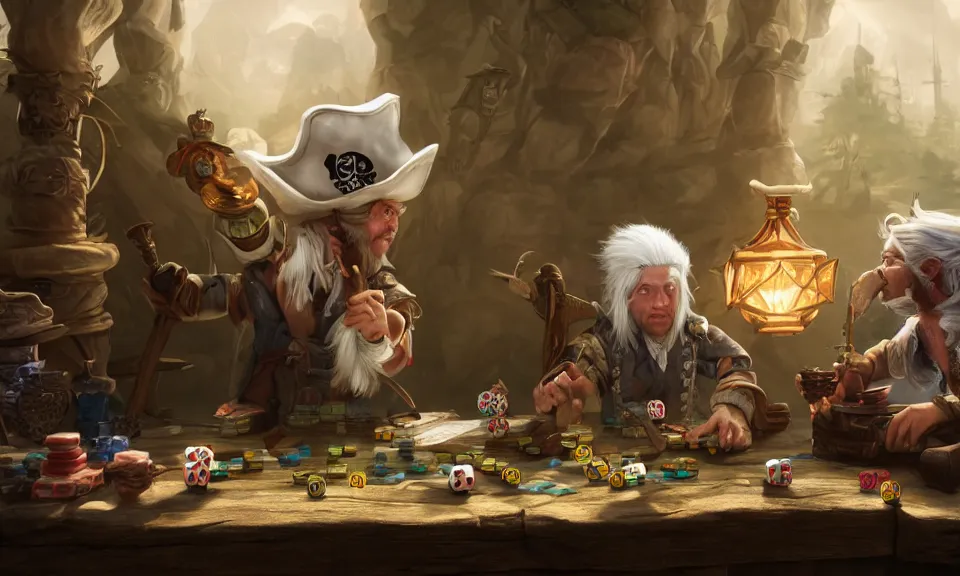 Prompt: a white haired dwarf and a pirate halfling gambling with dice near a creak and wagon, illustration by ben lo, highly detailed, photorealistic, hyperrealism, colorful, unreal engine, octane render, dramatic lighting, cinematic composition, wide shot