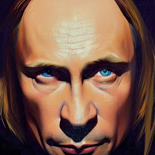 Image similar to Vladimir Putin as Kurk Cobain from Nirvana, portrait, highly detailed, digital painting, artstation, concept art, smooth, sharp focus, illustration, cinematic lighting, art by artgerm and greg rutkowski and alphonse mucha