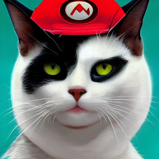 Image similar to Portrait of a Cat wearing a Super Mario hat, kawaii aesthetic, nintendo, Box art, highly detailed, digital painting, artstation, concept art, smooth, sharp focus, illustration, art by artgerm and greg rutkowski and alphonse mucha