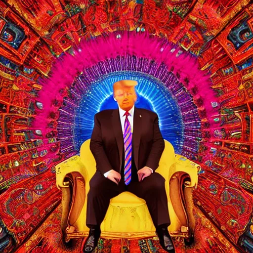 Prompt: Donald trump sitting Indian style with cgi style psychedelic visions expanding outward from his mind