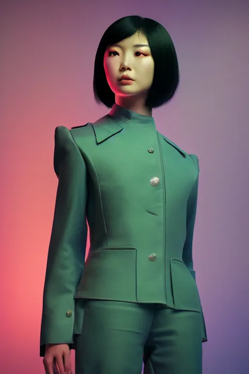 Prompt: techicolor, diffusion, highly detailed : incredibly realistic, youthful asian demure, perfect features, feminine cut, beautiful three point perspective extreme closeup 3 / 4 portrait photo in style of chiaroscuro style 1 9 7 0 s frontiers in flight suit cosplay vogue fashion edition, nick night, show studio