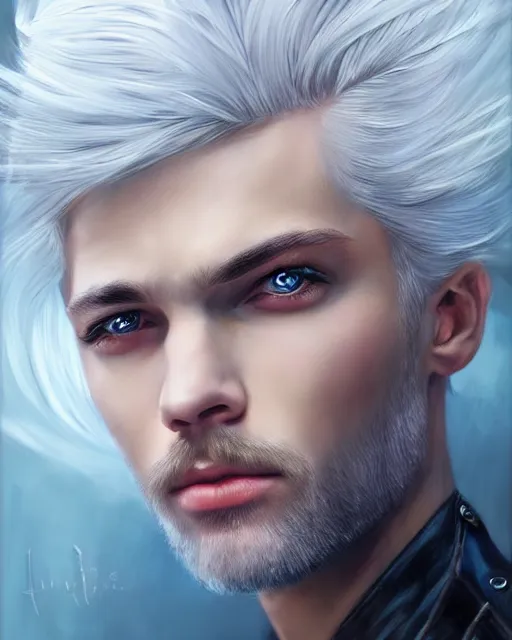 Image similar to a beautiful male, 8 k, hyperrealistic, hyperdetailed, white hair, blue eyes, fantasy portrait by laura sava