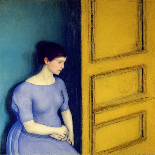 Image similar to close up of a girl in a blue and gold haunted liminal abandoned room, film still by edward hopper, by Pontormo, by klimt, art noveau, highly detailed, strong lights, liminal, eerie, Bright pastel colors