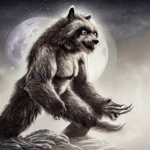 Image similar to photo of a human partially transforming into a werewolf that looks like a panda, in the moonlit forest. physiological transformation ; hybrid creature. highly - detailed ; photorealistic.