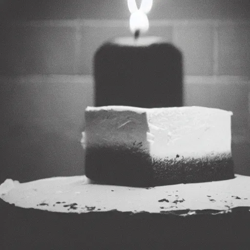 Image similar to Birthday white cake with burning candles in a empty abandoned pitch black jail cell - vintage grayscale camera, film grain, compressed jpeg