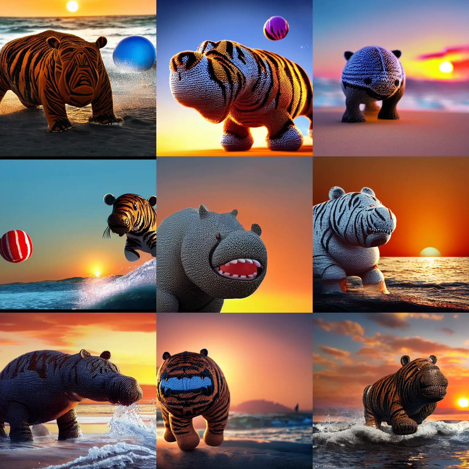 Prompt: a closeup photorealistic photograph of a cute smiling knitted tiger hippopotamus chasing a beachball at sunset. surf in the background. professional capture. this 4 k hd image is trending on artstation, featured on behance, well - rendered, extra crisp, features intricate detail, epic composition and the style of unreal engine.