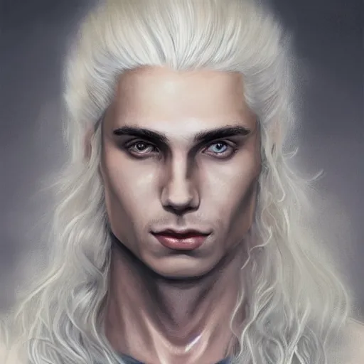 Prompt: Viserys Targaryen in rapture, symmetrically parted curtain bangs, long curly blond hair, very detailed sharp angular masculine face, hooked nose and square jaw long fluffy curly blond hair, long light curly blond hair, gorgeous, beautiful, intricate, highly detailed, digital painting, artstation, concept art, sharp focus, illustration, art by greg rutkowski and alphonse mucha