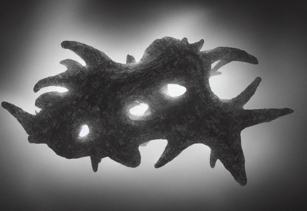 Image similar to light coming out of a bull - like kaiju starfish monster, korean film noir, fog, 4 k, video compression, video glitch, monochrome, orson welles