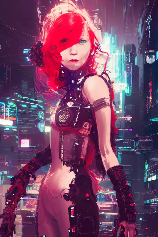 Prompt: highly detailed portrait of a young cyberpunk princess with a wavy vibrant red hair, white lace dress, neon cybernetic implants, cinematic lighting, dramatic atmosphere, by Dustin Nguyen, Akihiko Yoshida, Greg Tocchini, Greg Rutkowski, Cliff Chiang, 4k resolution, nier:automata inspired, bravely default inspired, cyberpunk background