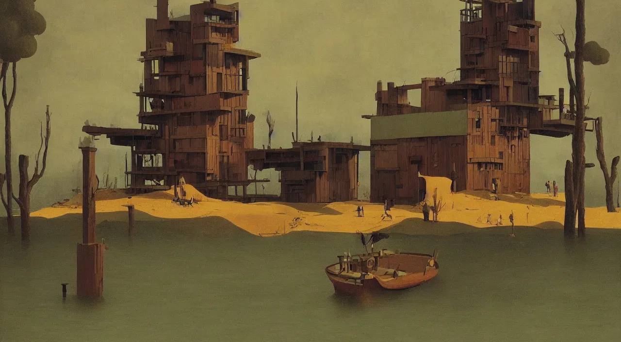 Prompt: single flooded simple wooden meat tower, very coherent and colorful high contrast!! masterpiece by rene magritte simon stalenhag carl spitzweg syd mead norman rockwell edward hopper james gilleard, minimalist, dark shadows, sunny day, hard lighting