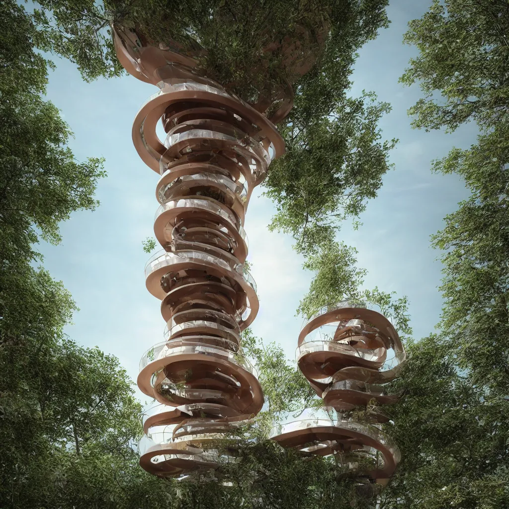 Image similar to Hyper realistic, helix shaped observation tower made by corten in forest, Future design, wide angle shot, architecture design, parametric architecture, covers by textile, environment, morning light, Cinematography, mega scans, cinematic, hyper realistic, photo real, cinematic composition, highly detailed, vray, 8k render