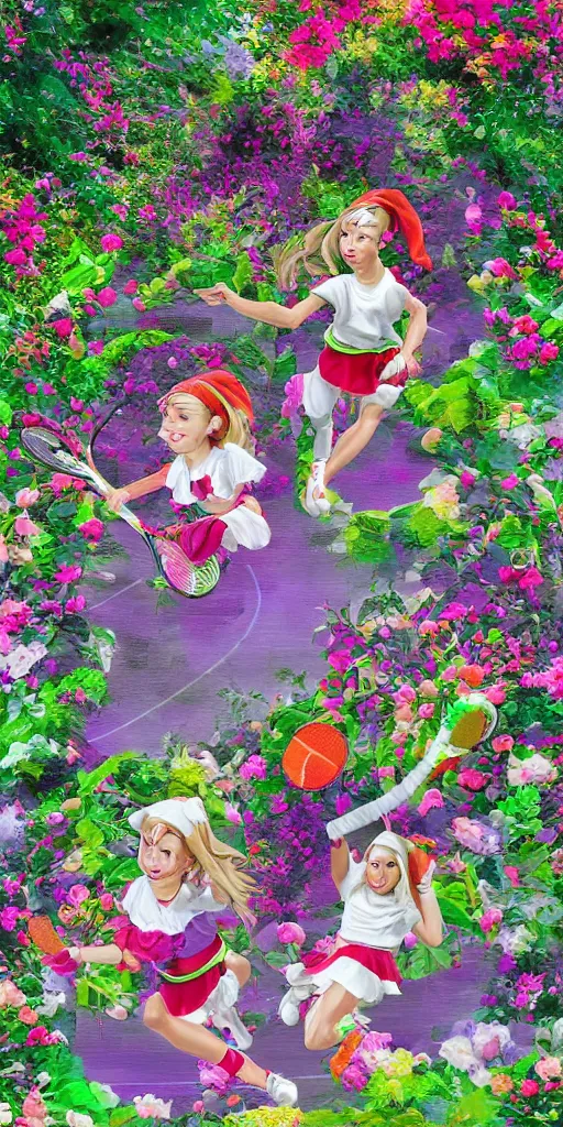 Image similar to Two elves playing tennis on a tennis court made of flowers, digital art