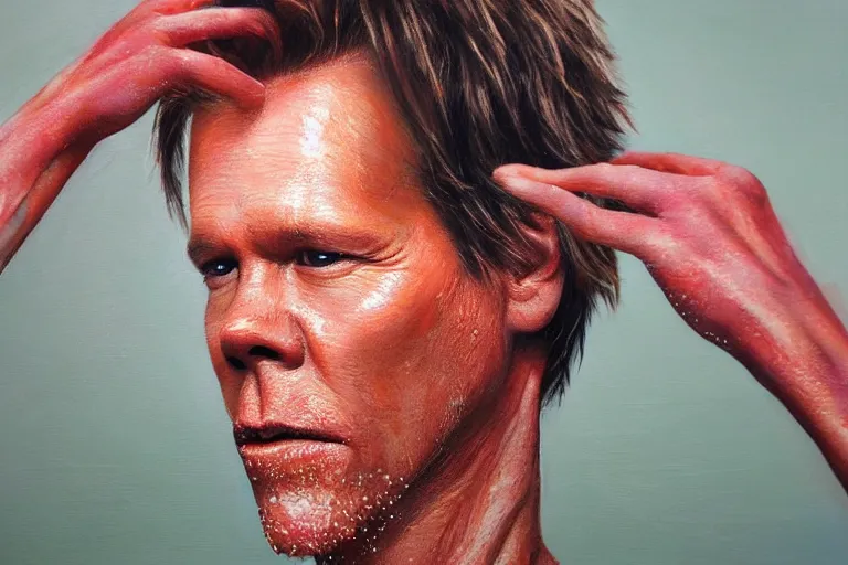 Prompt: an ultra realistic painting of kevin bacon, bacon rasher, bacon rasher wrapped around his face, 8 k, cinematic, movie still