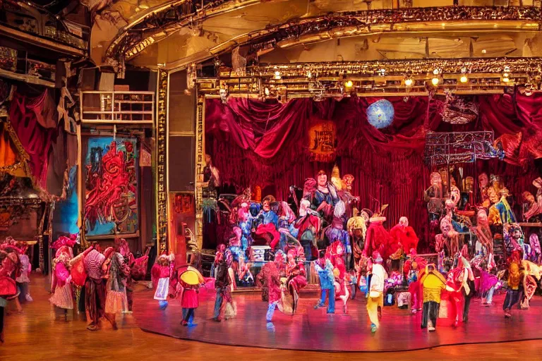 Prompt: photo of a huge theaterstage, stage is decorated as 7 0 ties kitchen and living room, theater curtains are red, 3 actors in hippy costumes with big wigs standing on stage singing, 8 k, multicolored, exaggerated detailed, long shot