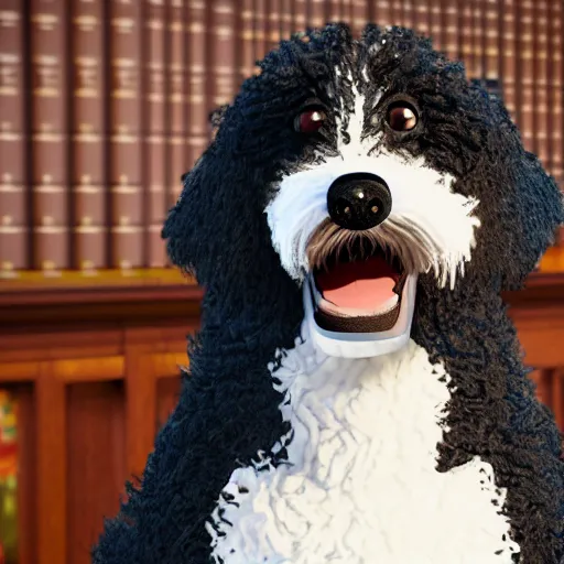 Image similar to a closeup photorealistic photograph of a cute smiling knitted bernedoodle judge dog dressed in a black gown, presiding over the courthouse. indoors, professional capture, well lit shot. this 4 k hd image is trending on artstation, featured on behance, well - rendered, extra crisp, features intricate detail, epic composition and the style of unreal engine.