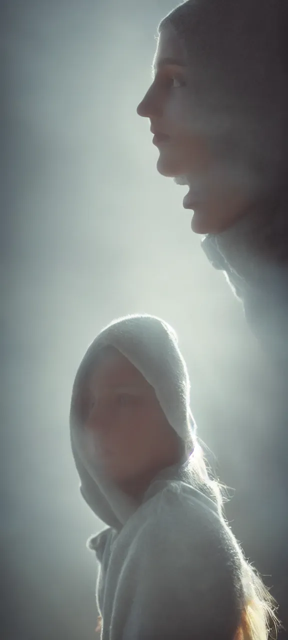 Image similar to very very beautiful photograph of emily skinner looking like annie leonhart in a hoodie standing next to a window god rays shining on her from the sunlight, volumetric fog, smoke, depth of field, beautiful composition, very very very beautifull face, on artstation and instagram, ray tracing