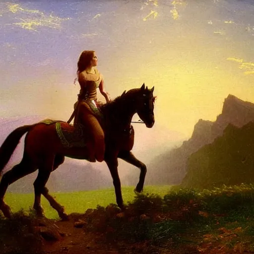 Image similar to female knight on horse, valley with mountains, by albert bierstadt