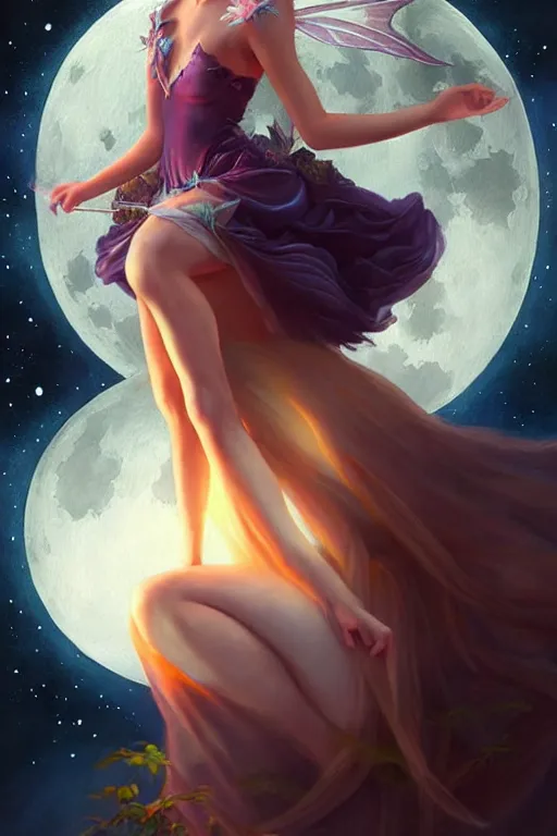 Image similar to attractive fairy magically floating high in the night, fantasy, full moon in background. highly detailed painting by artgerm, mid shot, 8 k