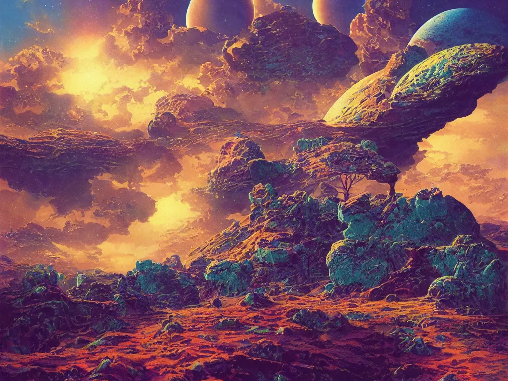 Prompt: a strange planet, by bruce pennington, by sam freio, by thomas rome, by victor mosquera, juxtapoz, behance, prismatic, iridescent