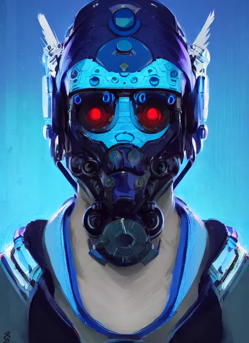 Prompt: concept art close up blue cyberpunk character with a smooth ornate mask, by shinji aramaki, by christopher balaskas, by krenz cushart