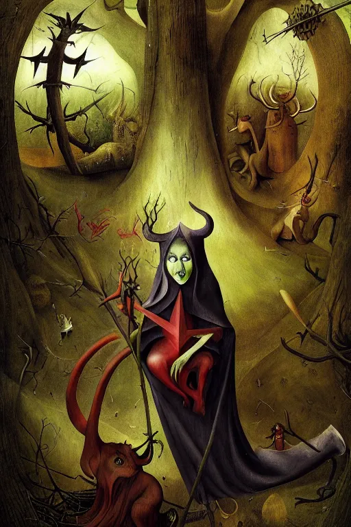 Image similar to satanic witch in the evil forest, fantasy, 8 k resolution, hyper detailed, character design, digital painting, sharp focus, illustration, art by hieronymus bosch