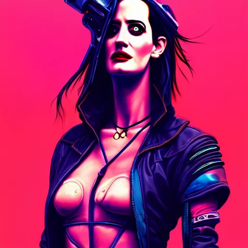 Prompt: portrait painting of a cyberpunk road warrior eva green, sharp focus, award - winning, trending on artstation, masterpiece, highly detailed, intricate. art by josan gonzales and moebius and deathburger