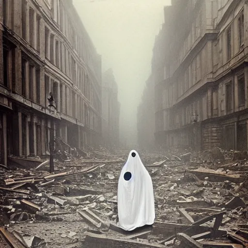 Prompt: ominous bedsheet ghost walking through the center of a destroyed london city, 1 9 2 0's colored pencil, gloomy misty atmosphere, deep aesthetic, symmetrical, full body image, highly ornate intricate details, very sharp photo,