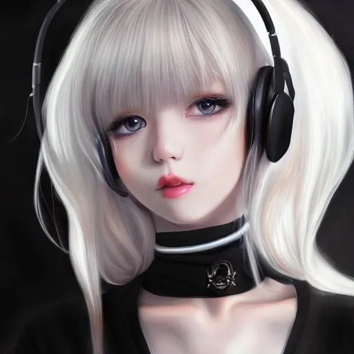 Image similar to realistic detailed semirealism beautiful gorgeous cute Blackpink Lalisa Manoban white hair white cat ears blue eyes, wearing black camisole maid outfit, headphones, black leather choker full HD 4K high resolution quality WLOP, Aztodio, Taejune Kim, Guweiz, Pixiv, Instagram, Artstation