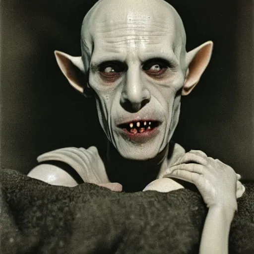 Image similar to portrait of nosferatu playing with his kid, realistic detailed photography, kodak 5 2 1 9 film, 5 0 mm lens