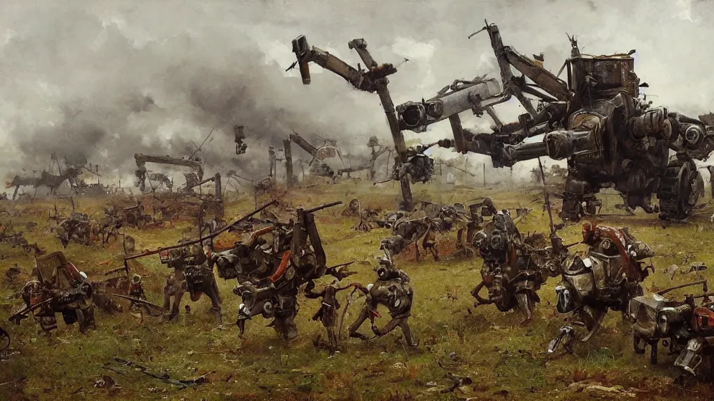 Image similar to 1920's battle in a farming village between bipedal mechs, painted by Jakub Rozalski