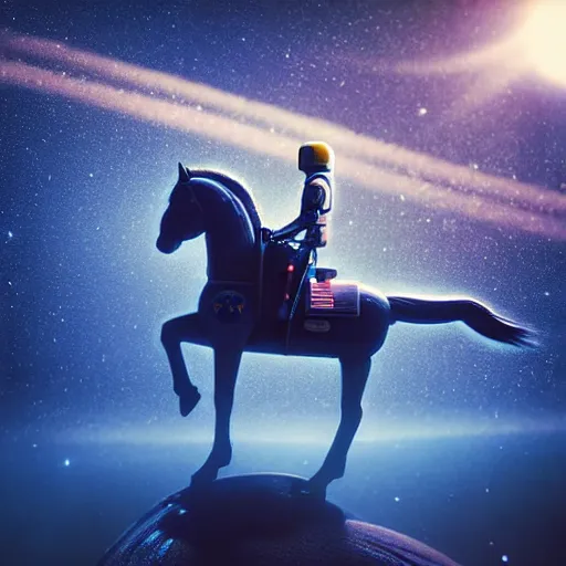 Image similar to hyperrealism aesthetic highly detailed photography of horse astronautback riding on a astronaut. from western by hiroyuki okiura and katsuhiro otomo and alejandro hodorovski style with many details by mike winkelmann and vincent di fate in sci - fi style. volumetric natural light hyperrealism photo on dsmc 3 system,