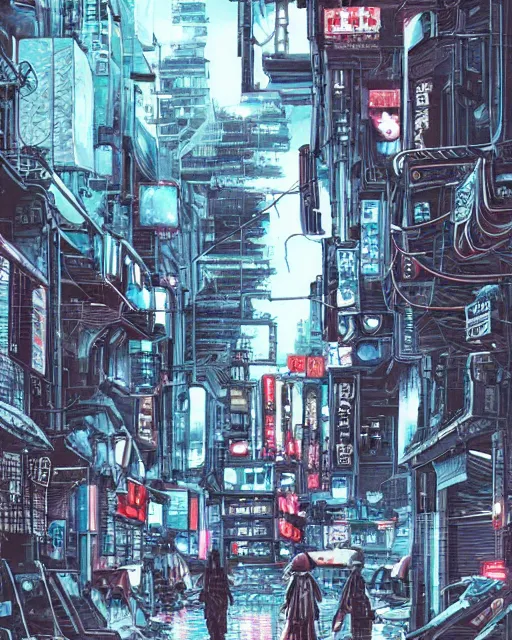 Image similar to manga illustration of poor cyberpunk city, rainy weather, highly detailed,