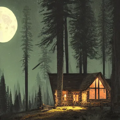 Image similar to lone cabin in the rocky mountains, by ismail inceoglu, eerie haunted cabin, in the woods, pine trees, full moon, illuminated by moonlight, detailed, digital illustration, brushstrokes, 4 k