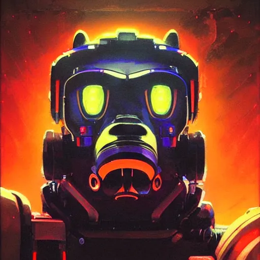 Image similar to a dark and colorful close - up of a sci - fi mecha lion robot with led lights glowing fog in the background. highly detailed science fiction painting by norman rockwell, frank frazetta, and syd mead. rich colors, high contrast, gloomy atmosphere, dark background. trending on artstation