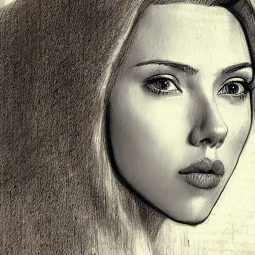 Image similar to a finished, detailed portrait sketch on parchment of a very young scarlett johansson, by leonardo davinci