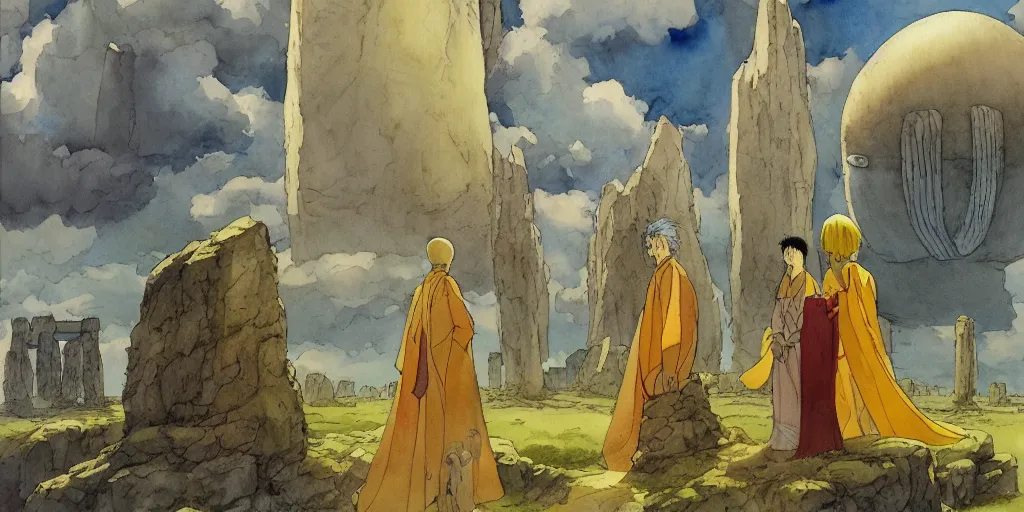 Image similar to a hyperrealist studio ghibli watercolor fantasy concept art of a giant chinese god and a small grey alien with a yellow robe in stonehenge in the early morning. a giant gold ufo is floating in the air. by rebecca guay, michael kaluta, charles vess