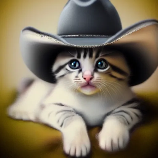 Image similar to realistic baby kitten with cowboy hat, photorealism, old west