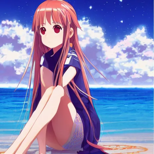 Image similar to wlop art: yuuki asuna sitting at the beach watching saturn in the sky