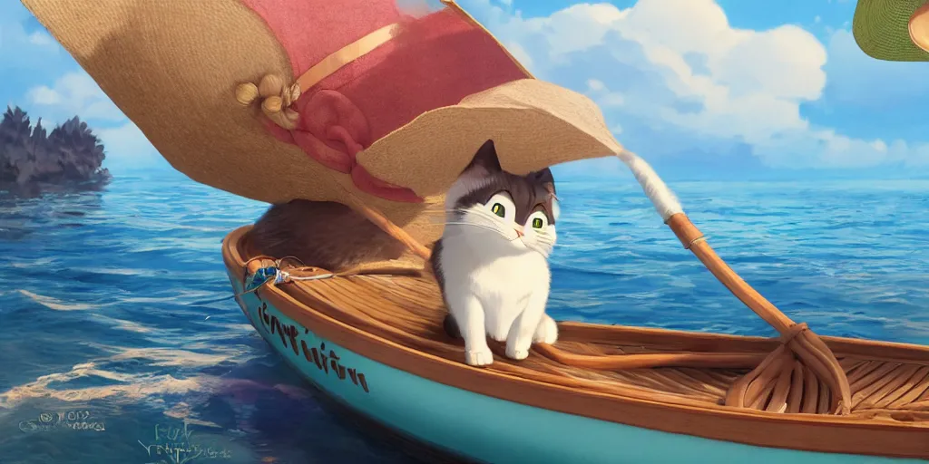 Image similar to a wholesome animation key shot of a cute cat on a fishing boat wearing a sunhat, studio ghibli, pixar and disney animation, sharp, rendered in unreal engine 5, anime key art by greg rutkowski, bloom, dramatic, dynamic lighting