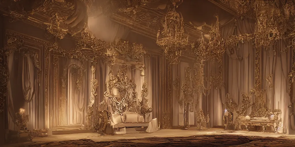 Prompt: A high detail throne room, scenario for a play, day ligth ilumination