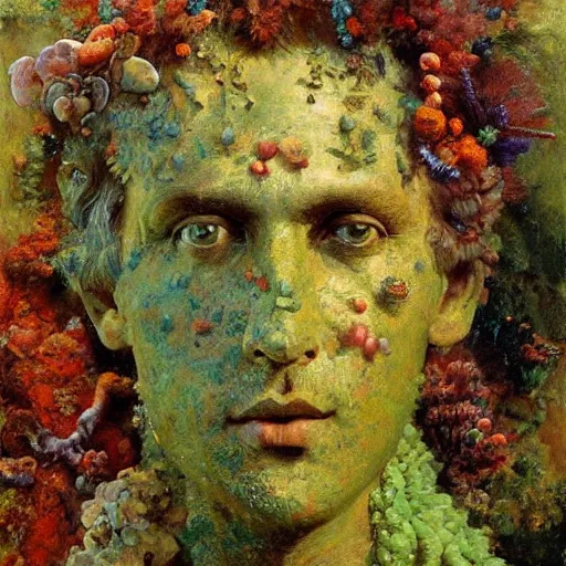 Prompt: a sculpture portrait made of moss and coral reefs and crystals and plants, painting part by wojciech siudmak, part by ilya repin, part by max ernst, part by norman rockwell, artstation