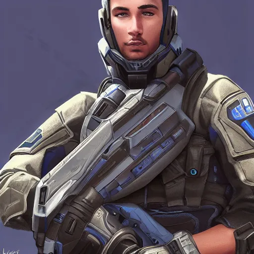 Prompt: « a vanu, soldier, full portrait, heavy gun, beautiful face, blue eyes, tall young male »